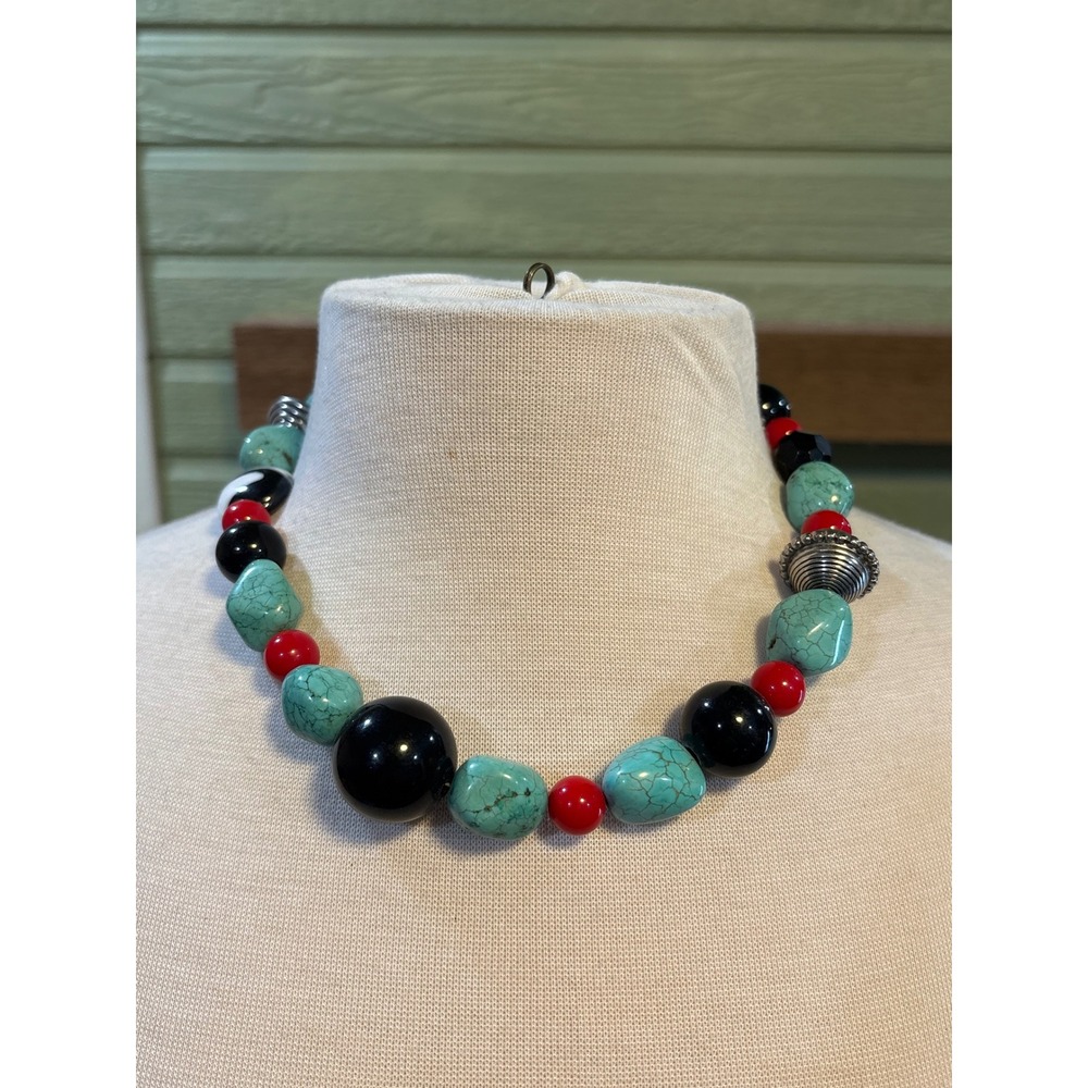 Vintage Southwest Chunky‎ Beaded Statement Necklace Turquoise Black Red